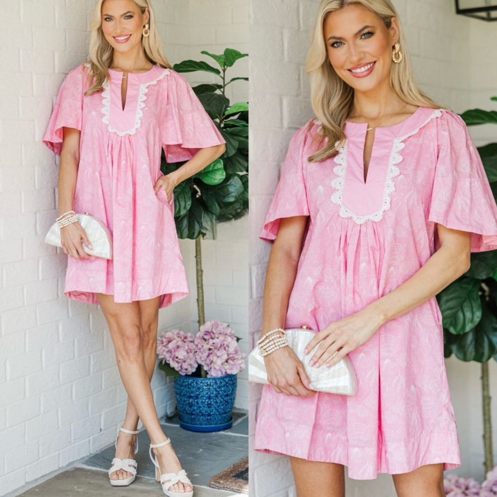 Mint Julep Boutique Pink White Ditzy Lacy Floral Cotton Dress Pockets Large NWT - Picture 3 of 10